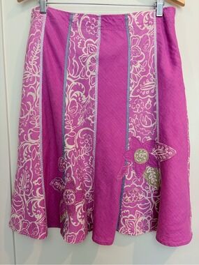 Sigrid Olsen Pink Linen Blend Floral Appliqué A-Line Skirt Size 12